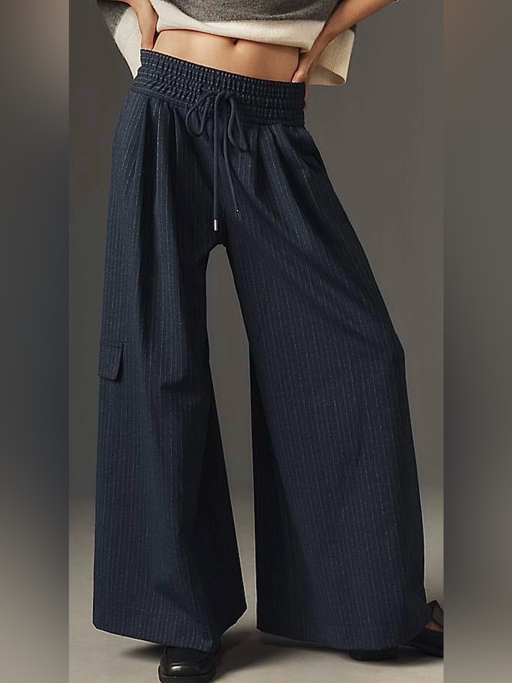 Anthropologie Maeve Wide-Leg Menswear Pants Navy Pinstripe Pull On Tie Waist LP